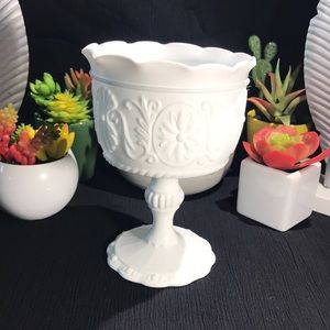 Indiana Glass Milk Glass White Ruffled Pedestal Compote Vase (Sandwich Pattern)